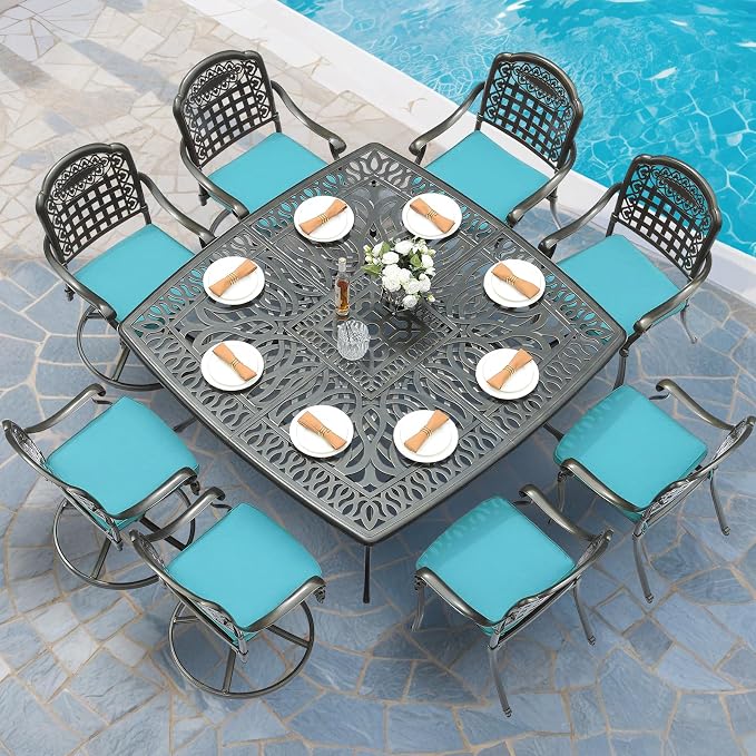 MEETWARM 9-Piece Outdoor Patio Dining Set for 8, All Weather Cast Aluminum Patio Funiture Table and Chairs Set- Large 64" Square Table and 4 Swivel Rocker Chairs, 4 Stationary for Garden, Ocean Blue