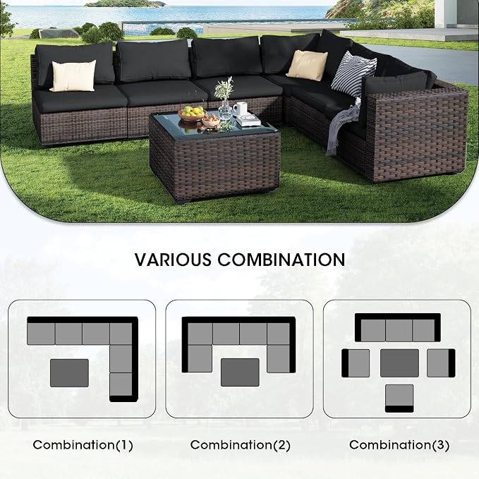 7 Pieces Patio Furniture Set, Rattan Outdoor Sectional Conversation Sets, All Weather Outdoor Furniture Set with Cushions for Garden Lawn Balcony Porch Deck, Black