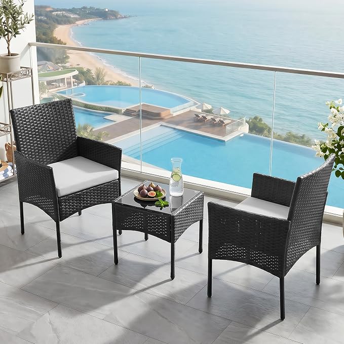 Sweetcrispy 3 Piece Patio Furniture Set, All-Weather Outdoor Conversation Set with Removable Cushions & Tempered Glass Table, Small Bistro Set for Balcony, Porch, Backyard, Deck, Black