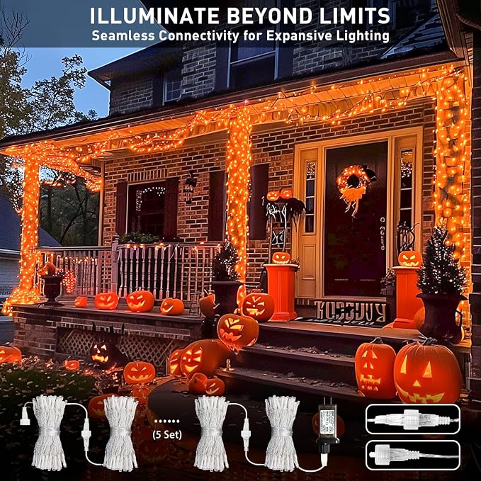JMEXSUSS 150 LED Orange Halloween Lights Indoor, Fall Lights Plug in | 59Ft Connectable Orange String Lights Outdoor, 8 Modes Orange Lights for Halloween Thanksgiving Fireplace Tree Party Decor