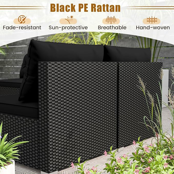 5 Pieces Patio Furniture Set, Outdoor Sectional Sofa with Acacia Wood Coffee Table & Cushions, Wicker Patio Conversation Set for Porch, Deck, Balcony, Poolside & Backyard (Black)