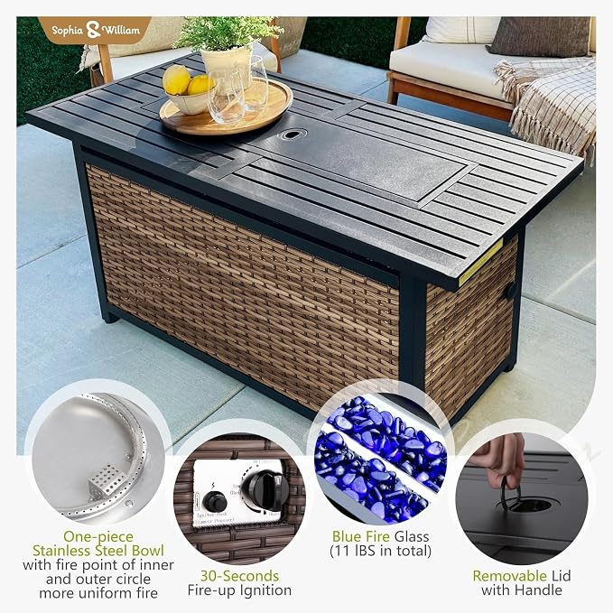 Sophia & William Patio Furniture Set with Fire Pit Table, 8 Piece Outdoor Wicker Conversation Set, Large Rattan Sectional Sofa with Ottoman & 56" Fire Pit Table(Aqua Blue)