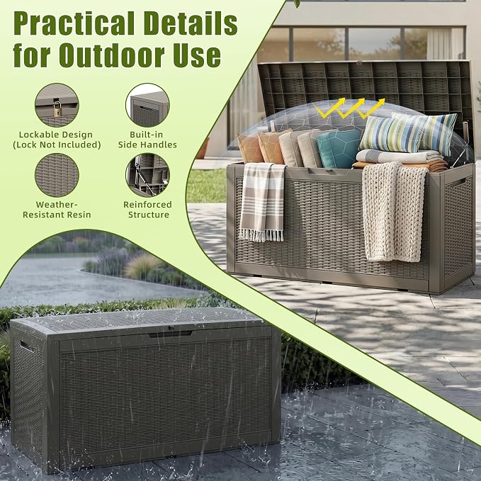 Vixzen 120 Gallon Deck Boxes Outdoor Waterproof, Large Resin Lockable Storage Box with lid for Patio Furniture Cushions, Weatherproof Outdoor Storage Boxes for Garden Tools & Pool Accessories(Grey)