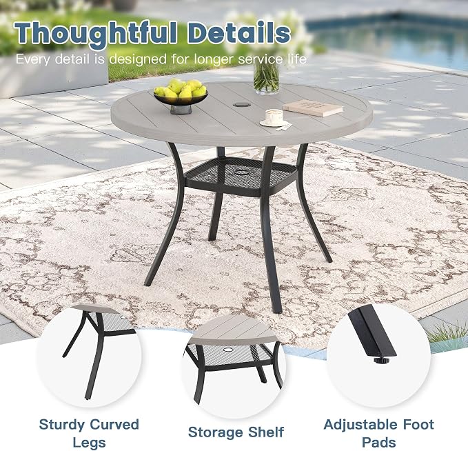 DIFY 5 Pieces Outdoor Dining Set for 4, 40.6" Round Dining Table with Umbrella Hole & Wicker Swivel Patio Chairs with Cushions, Metal Patio Table and Chairs Set for Backyard Porch, Grey Wood-Like