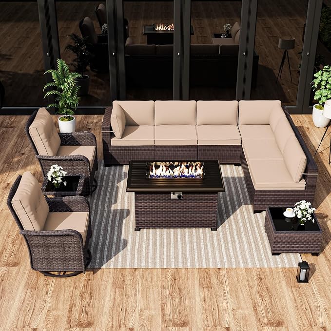 ALAULM Patio Furniture Set with 2 Swivel Chairs, Outdoor Sectional with 55000 BTU Fire Pit Table and Wide Seat, 11 Pieces Wicker Rattan Conversation Set with Coffee Table for Garden, Deck, Sand