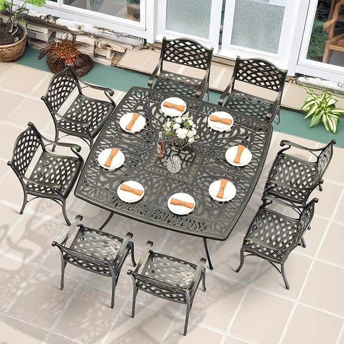 MEETWARM 9-Piece Outdoor Furniture Dining Set for 8, All Weather Cast Aluminum Patio Dining Set- Large 64" Square Table and 8 Chairs, Patio Table and Chairs Set for Garden, Umbrella Hole, Dark Bronze