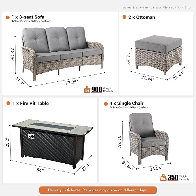 8-Piece Outdoor Patio Furniture Set with Fire Pit Table,All Weather Wicker Rattan Patio Seating Sofa and Chair Set with Ottomans,Outdoor Conversation Sets w/ 3 Seater Couch for Porch Deck Yard,Grey