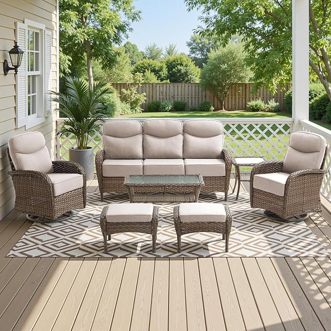 High Back Luxury Patio Furniture Set with 6-inch Thick Cushion, Swivel Rocker Patio Chairs with Outdoor Couch, 7 Piece Wicker Conversation Set for Deck Yard Garden Balcony Beige