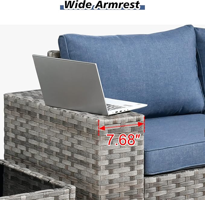 HOOOWOOO Outdoor Patio Sectional Furniture Sofa Set with Propane Fire Pit Table,13 Piece Large Modern Wicker Couch with Widened Armrest,Modular L Shaped Conversation Seating Set(Denim Blue)