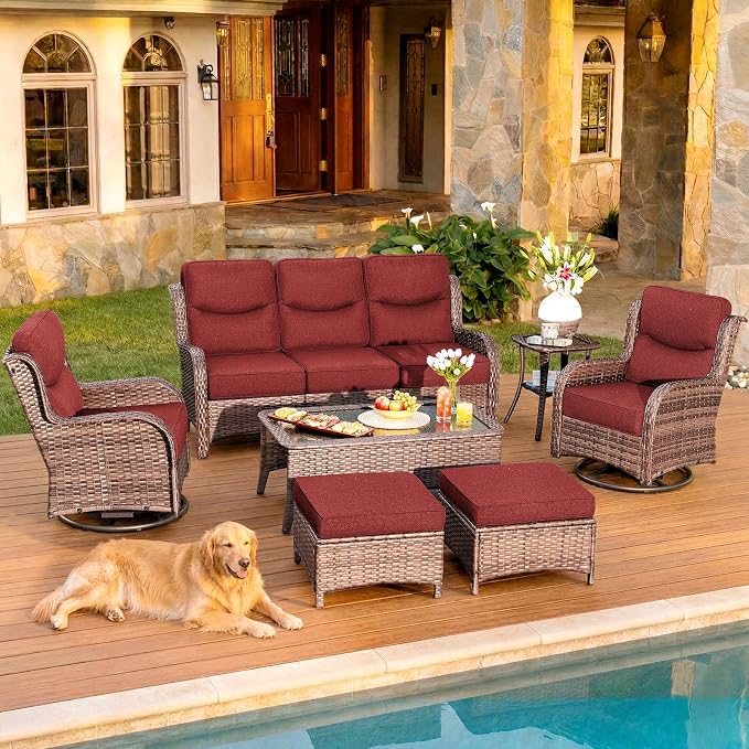 HILLGA 7-Piece Luxury Patio Furniture Set with 6" Thick Cushions, Weather-Resistant Wicker High Back Swivel Rocker Chairs, Senior-Friendly Outdoor Sofa Set for Large Deck and Poolside, Burgundy(V2)