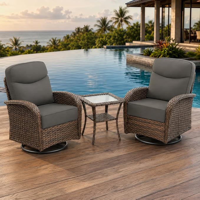 HUMMUH Outdoor Swivel Rocker Patio Conversation Set, 3-Piece, High Back | 6 in seat and back cushions, PE rattan, steel frames, 350 lb chair capacity, for deck, yard, and poolside
