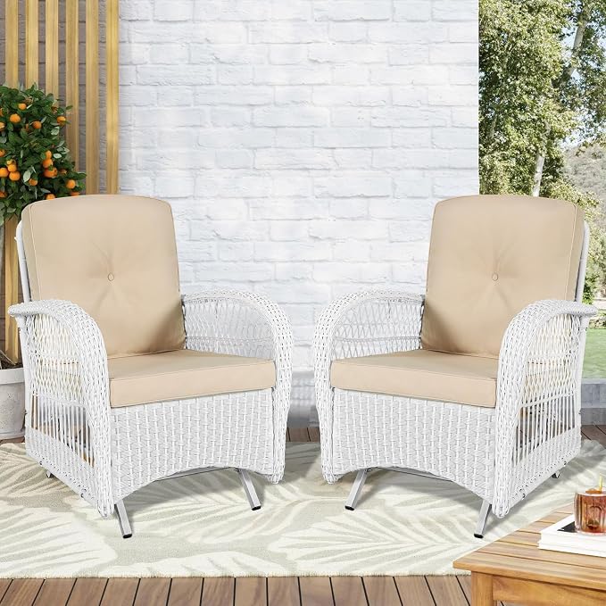 VIVIJASON 2-Piece Outdoor White Wicker Glider Rocking Chair, Patio Rattan Swing Glider Chairs with Cushions & Steel Frame, All-Weather Gliding Lawn Wicker Furniture for Garden Backyard Porch, Beige