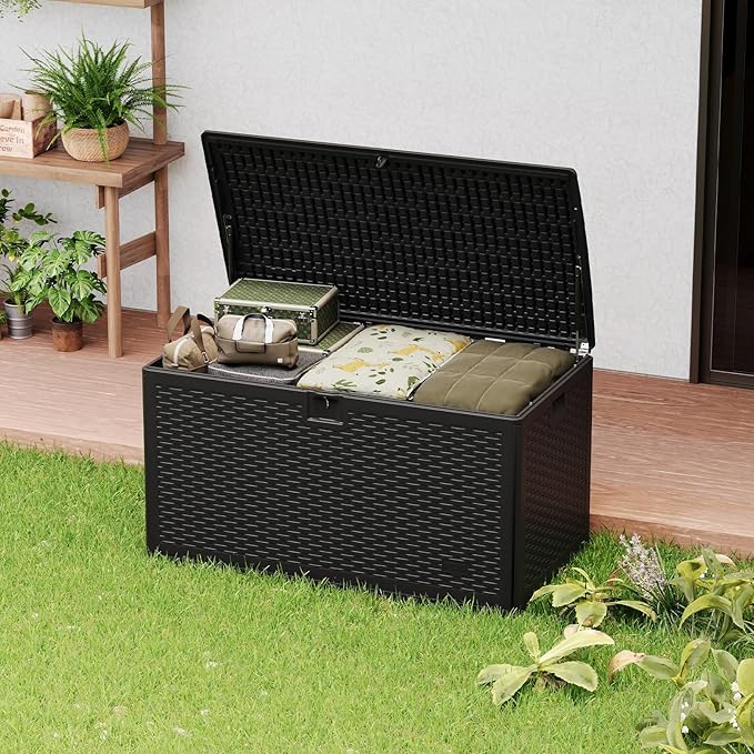 Takywep 73 Gallon Lockable Resin Deck Box, Waterproof & UV Resistant Outdoor Storage Chest, Patio Storage Bench with Webbing for Cushions, Garden Tools & Pool Accessories, Black