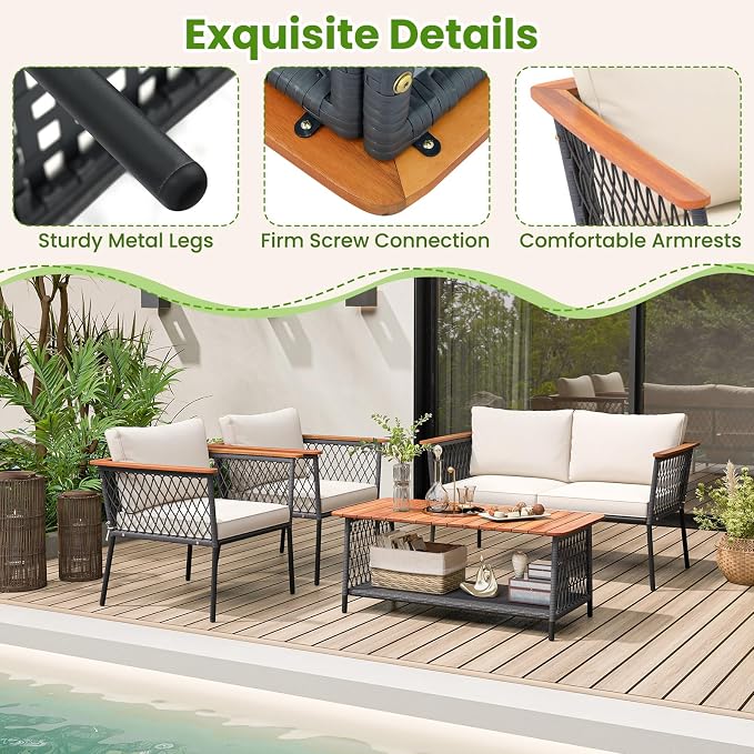 Tangkula 4 Piece Patio Furniture Set, Patiojoy Rattan Chair Set w/ 2-Tier Coffee Table, Acacia Wood Armrests & Tabletop, Soft Seat & Back Cushions, Outdoor Wicker Conversation Set