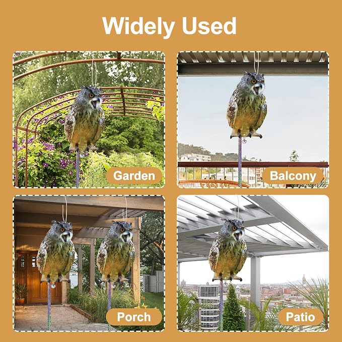 Owl to Keep Pigeons Away, 4Pcs Flat Plastic Owl to Scare Woodpecker from House, Fake Owls to Scare Pigeon Squirrels, Hanging Garden Owls with Reflective Tape for Roof Porch Patio Window Yard Balcony