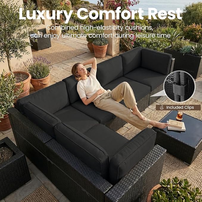 10 Pieces Patio Furniture Set with 44" Propane Gas Fire Pit Table, Outdoor Sectional Wicker Conversation Sofa Sets with Coffee Table