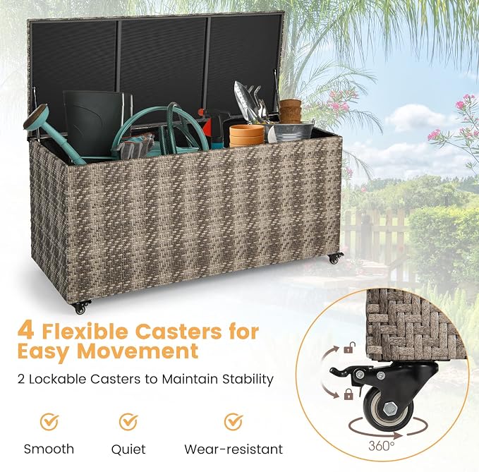 Giantex 96-Gallon Outdoor Storage Box - PE Wicker Deck Box with Lid, 4 Wheels, Waterproof Liner, outside Rattan Storage Container for Patio Cushions, Garden Tools Accessories Storage Box (Mix Gray)