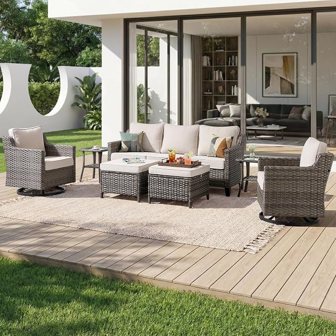 Luxury Patio Furniture sofa Set - 7 Pieces All Weather Wicker Outdoor Couch and High Back Swivel Rocker Patio Chairs with Sofa & footstools for Deck Yard and Poolside Gray Wicker | Beige Cushions