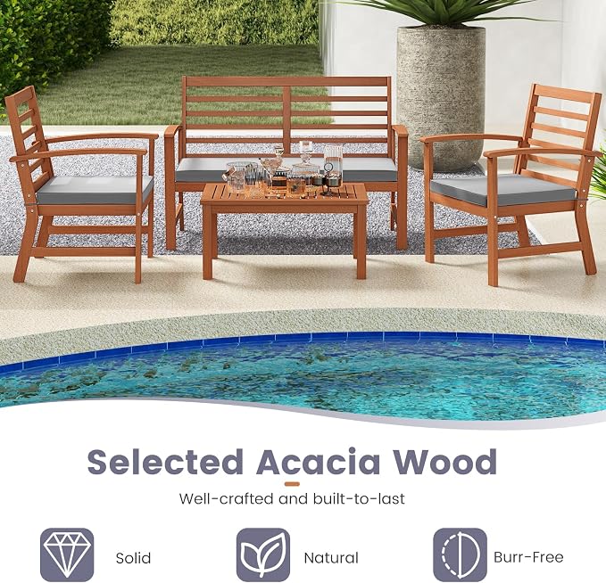 Tangkula 4 Pieces Outdoor Furniture Set, Acacia Wood Conversation Set w/Soft Seat Cushions, Stable Acacia Wood Frame, Patio Sofa & Coffee Table Set for Backyard, Porch, Poolside (Grey)