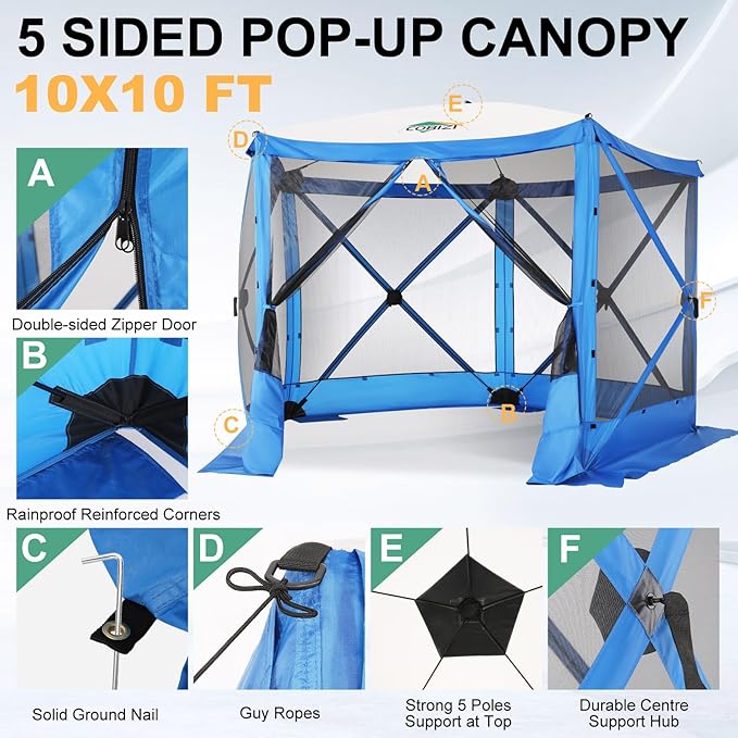 COBIZI 10x10 FT Pop up Gazebo, Popup Canopy Tent,Screened in Gazebos with sidewalls, Waterproof Portable Outdoor Small Screen Tents Sun Shelter,carpas para Patio for Camping, Garden and Backyard,Blue