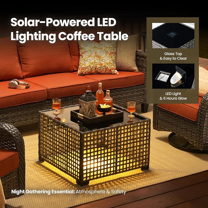5 Piece Wicker Patio Furniture with Swivel Rocker Chair, Orange | High Back Swivel Rocker Chairs, All Weather Rattan Outdoor Sofa, Solar Lights Table, Modern Conversation Sets, Deck Backyard
