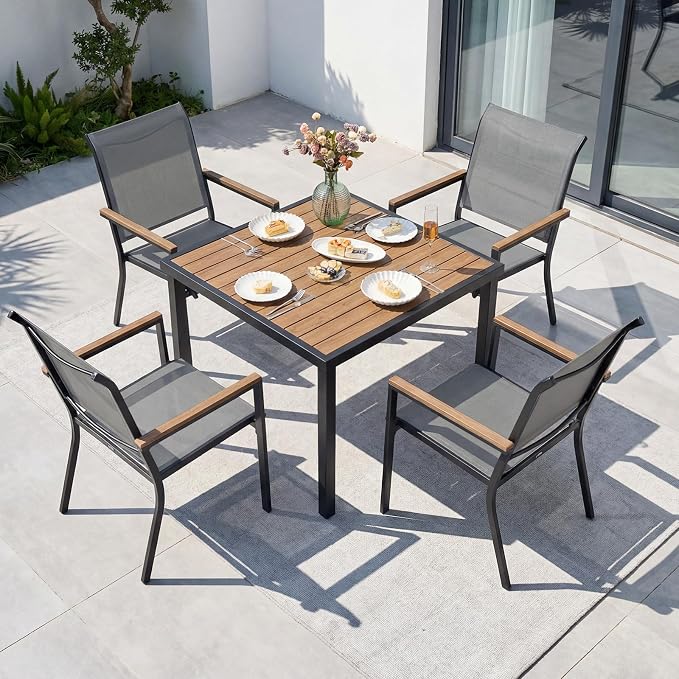 NATURAL EXPRESSIONS HDPS Patio Outdoor Table and Chairs Set for 4, Patio Dining Set with 4 Textilene Chair and 36” Square Fauxwood Patio Table with Umbrella Hole for Garden, Backyard, Deck (Grey)