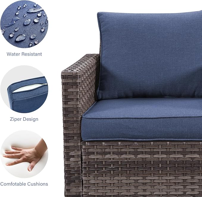 Luxury Wicker Outdoor Patio Chairs Set - 3 Piece Rattan Patio Furniture Bistro Chairs Set with Waterproof Wicker,Comfortable Cushions and Sturdy Metal Frame for Porch Deck Backyard(Mixed Grey/Blue)