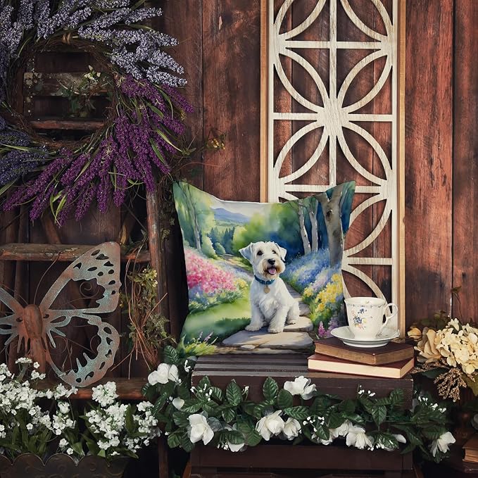 Caroline's Treasures Sealyham Terrier Spring Path Throw Pillow Machine Washable, Indoor Outdoor Decorative Pillow for Couch, Bed or Patio, 14Hx14W