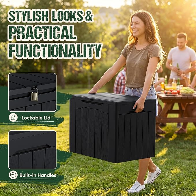 Devoko 29 Gallon Waterproof Outdoor Storage Box Resin Deck Box Lockable and UV Resistant for Patio Furniture, Garden Tools (Black, 29 Gallon)