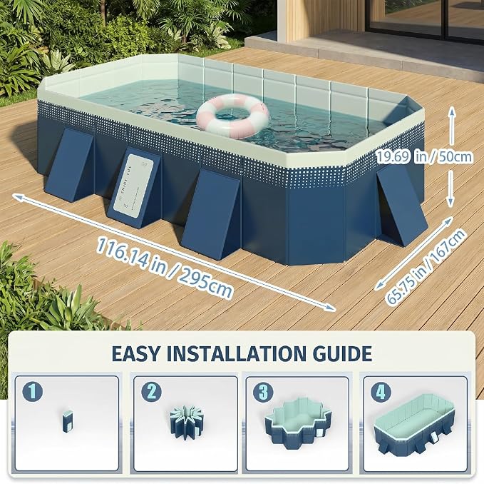 Foldable Swimming Pool, Rectangular Above Ground Swimming Pool for Outdoor Family Square Pool with Drain Plug and Drain Hole, Easy to Assemble Pool for Kids, Pets and Dogs(116" L x 65" W)