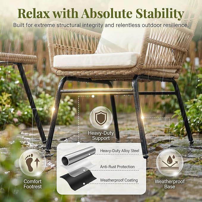 RADIATA 5 Pieces Outdoor Patio Boho Furniture Set, High Back Wicker Conversation Set with Side Table, Sturdy Rattan Sofa and Chair for Balcony Porch Deck Garden, Beige