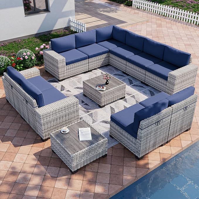 12-Piece Outdoor Patio Furniture Set Wicker Sectional Sofa Set, Patio Conversation Set with Thickened Cushions & Coffee Table for Garden, Backyard, Poolside, Navy Blue