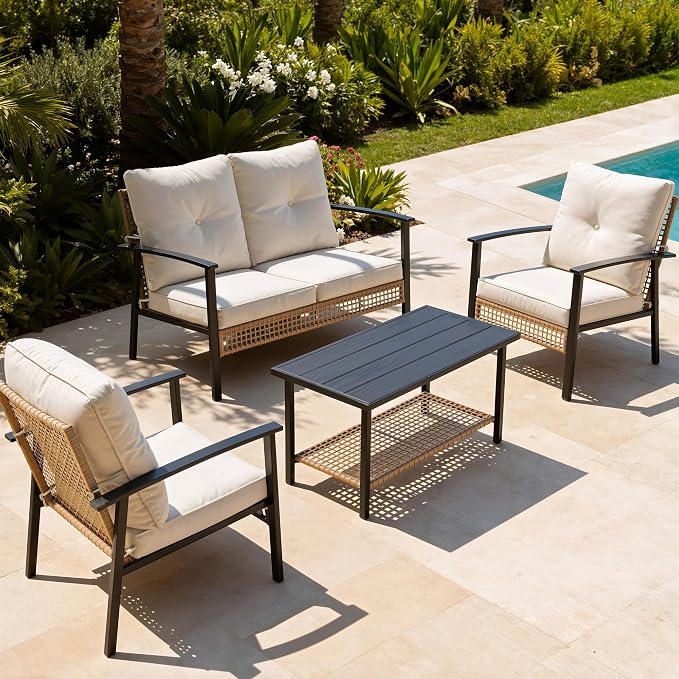 Deersky 4 Piece Outdoor Patio Furniture Set, All-Weather Modern PE Wicker Rattan Conversation Set with 4" Cushions for Comfortable, Easy to Assemble, Cream White