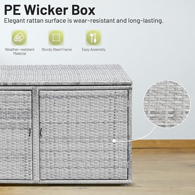 Giantex Rattan Deck Box Outdoor&Indoor 88 Gallon Wicker Storage Box W/Separate Storage Shelf, Openable Door and Tools Storage for Patio,Garden, Balcony, Porch, Yard Rattan Storage Box (Gray)