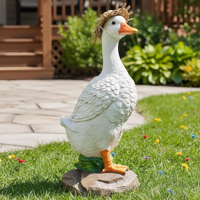 Euronet 12" Garden Porch Goose Statues, Funny Duck Farm Fence Decor, Resin Real Concrete Porch Goose Decor, Outdoor Animal Sculptures & Statues, Perfect for Home Garden Stairs, Farm, Patio, Backyard
