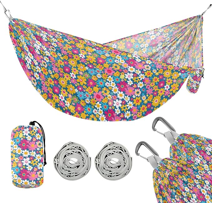 Camping Hammock Outdoor Hammocks for Outside Bright Retro Groovy Floral Beach Trees Portable Lightweight with Pockets Tree Straps Indoor