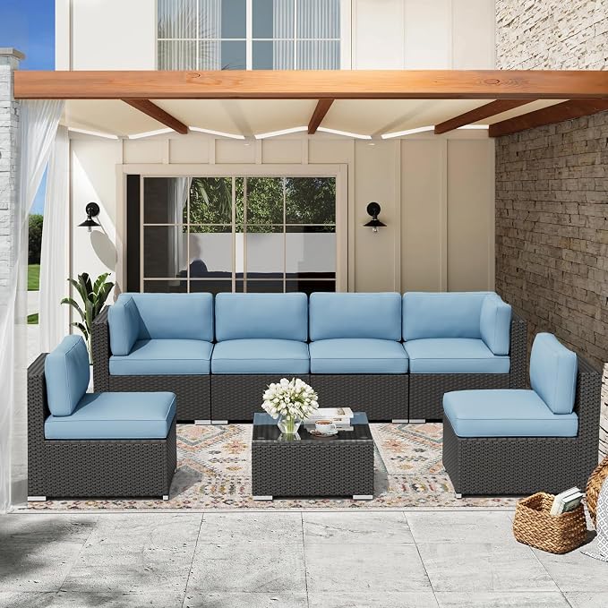Oakcloud 7-Piece Outdoor Patio Furniture Black Rattan Wicker Sectional Sofa Conversation Set with Glass Top Table and Cushions (Haze Blue)
