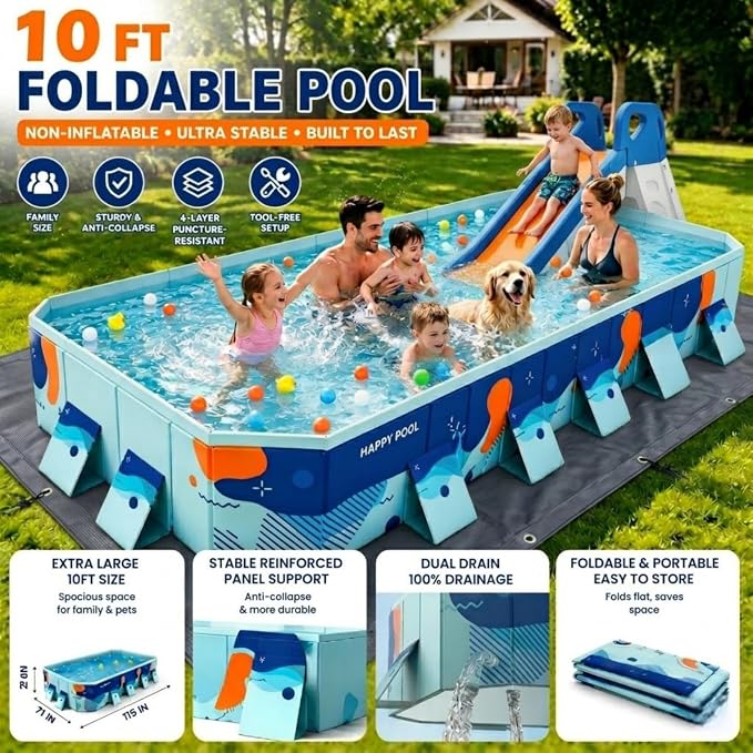 10 FT Non-Inflatable Foldable Pool, Reinforced Panel Support, 4-Layer Anti-Puncture Material, Dual Drain, Outdoor Water Play Pool for Family Kids Pets Backyard Slide Combo Use