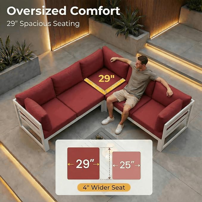 NICESOUL 16 Piece Modern Aluminum Outdoor Patio Furniture Set with Chaise & Coffee Table, Extra Large All-Weather Modular Sectional Couch, 29" Wide Deep Seating Conversation Sofa for Poolside, Red