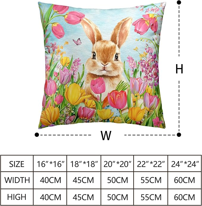 Easter Bunny Pillow Covers 18x18 Set of 2 Lovely Rabbit with Tulip Throw Pillow Covers Spring Pillow Case Floral Cotton Blend Cushion Case for Easter Decor Sofa Patio Garden