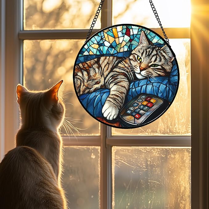DASTOLL Stained Glass Window Hanging Gray Cat and Remote Control Large 15" - Suncatcher Door Garden Kitchen Sun Catcher Home Decor Birthday for Lost Pets Mom Men Woman Friend Grandma