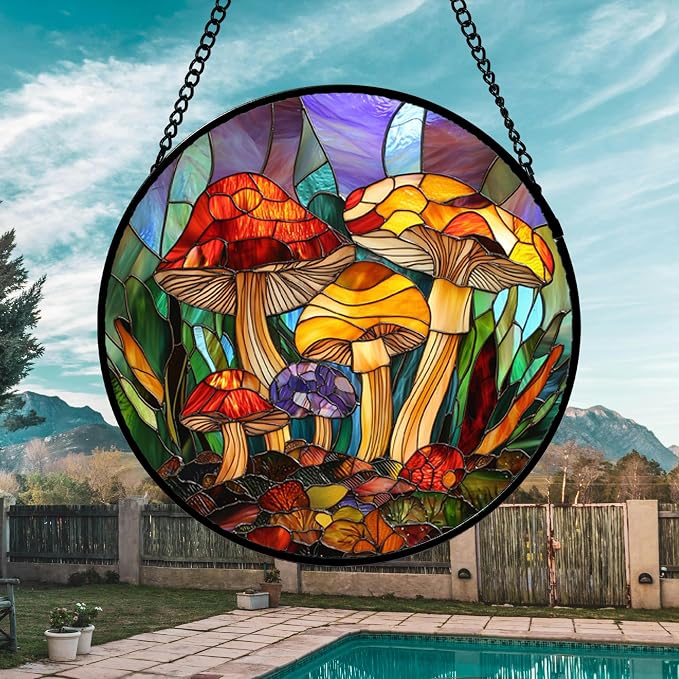 DASTOLL Stained Glass Window Hanging, Jungle Mushrooms Sun Catchers Diamond Glass Panel Hangings Plant Suncatcher Decor for Birthday for Women, Men, Wife, Aunt, and Mom 14.9x14.9 in