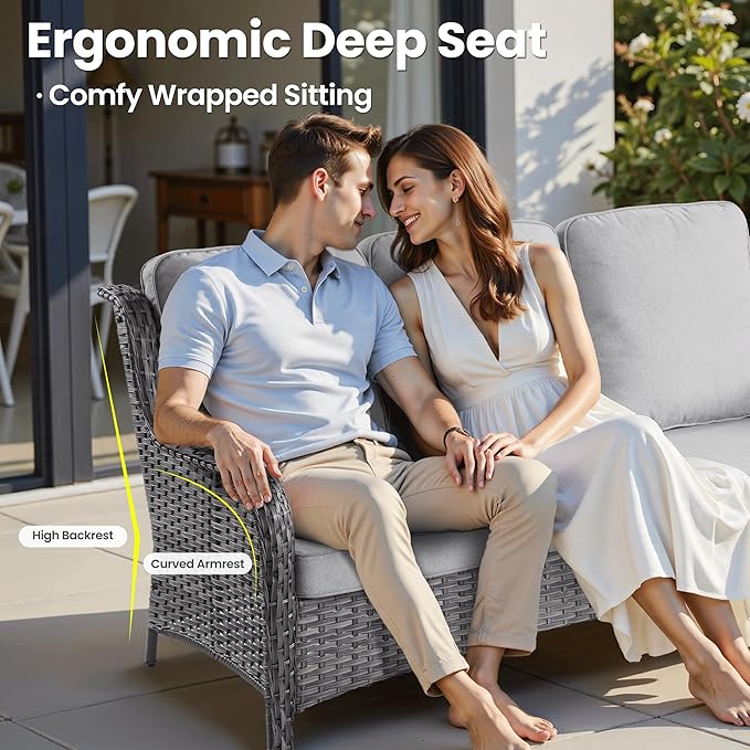 ovios 7-Piece Patio Furniture Set with Swivel Chairs Side Table, Outdoor Wicker Sofa with 42" Fire Pit Table, High Back Couch Modern Conversation Sets, Grey/Grey