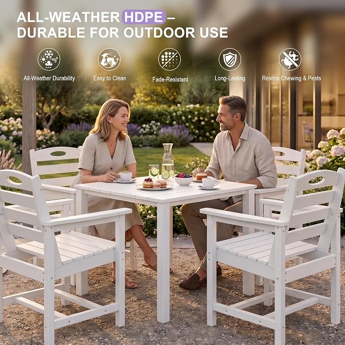 Domi HDPE Outdoor Dining Set, All-Weather Outdoor Dining Table Set of 5 with 2" Umbrella Hole, Outdoor Patio Dining Set for Garden, Poolside, Backyard, Deck, White