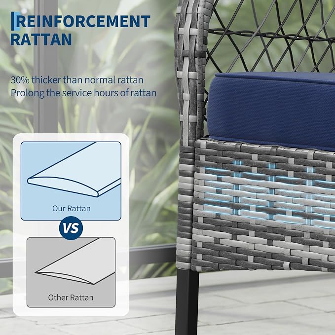 3 pcs Outdoor Rocking Bistro Set, Wicker Rocking Bistro Set with Thick Cushions, Outdoor Rocker Chairs and Coffee Table for Porch, Backyard or Garden (Gray&Blue)