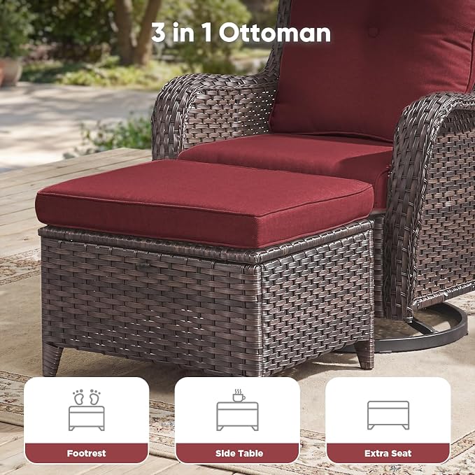 Belord 3-Piece PE Wicker Outdoor Sofa with 2 Ottomans, Luxury Patio Couch Convertible to Chaise Lounge, All-Weather High Back Deep Seat Woven Furniture for Deck, Porch - Brown/Red