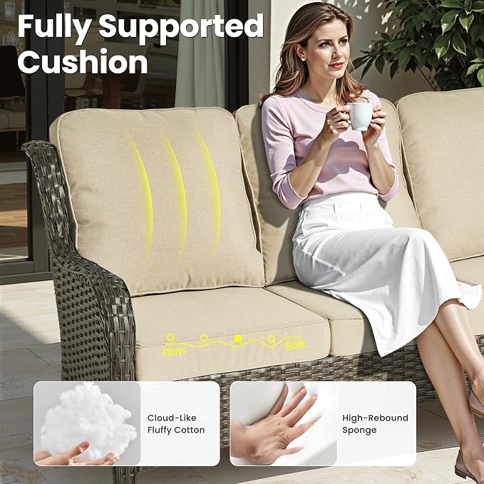 ovios 6-Piece Patio Furniture Set with Swivel Chairs Side Table, Outdoor Wicker Sofa with Comfy Cushions, High Back Couch Modern Conversation Sets, Brown/Beige