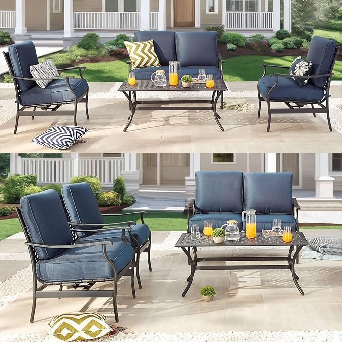 Patio Conversation Set 4 Pieces Cushioned Outdoor Furniture Sets with All Weather Frame for Porch Backyard Lawn (Navy-Blue)
