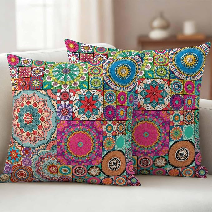 Colorful Ethnic Outdoor Pillow Covers 20x20 Inch Throw Pillow Covers Set of 2 Waterproof Decorative Pillow Cases National Modern Geometric Red Green Cushion Covers for Patio Furniture Garden Couch