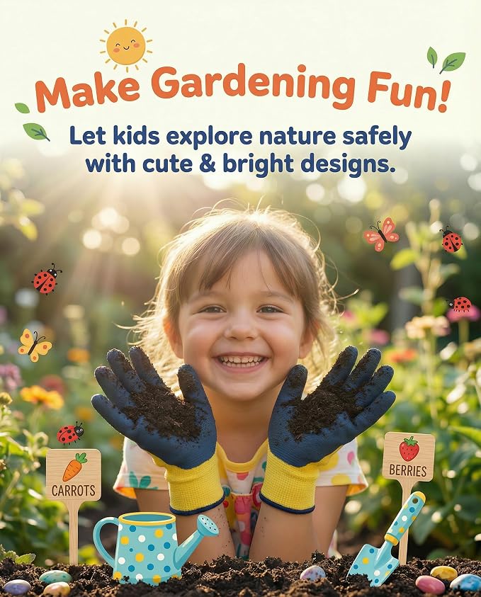 3/6 Pairs Kids Gardening Gloves, Skin-Friendly Rubber Coated Childrens Garden Gloves, Toddler Work Gloves Boys Girls